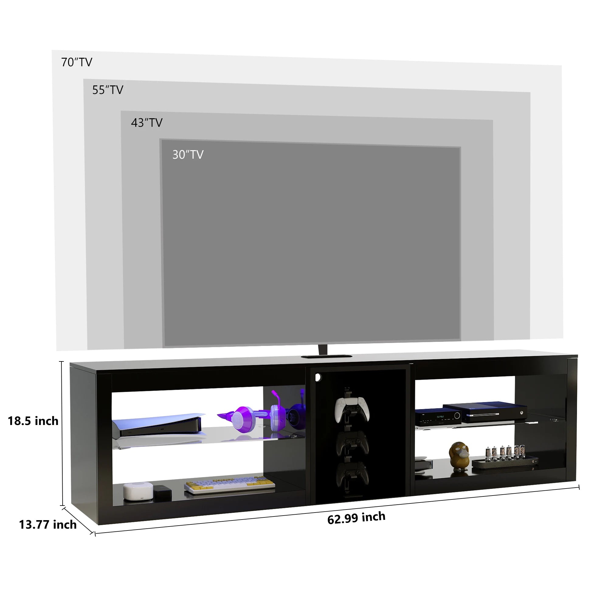 63" LED TV Stand for Televisions up to 70", TV Cabinet with Adjustable Glass Storage Shelves, Modern LED Entertainment Center