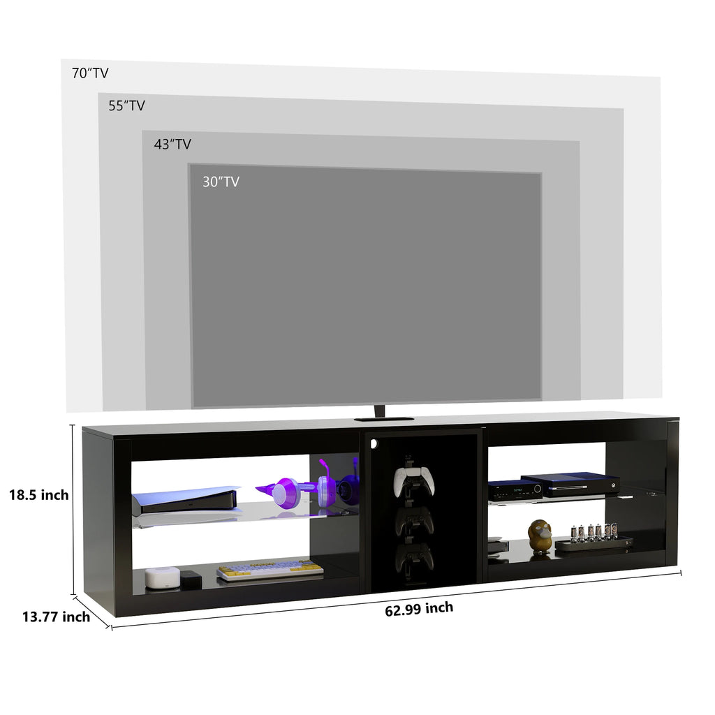 63" LED TV Stand for Televisions up to 70", TV Cabinet with Adjustable Glass Storage Shelves, Modern LED Entertainment Center