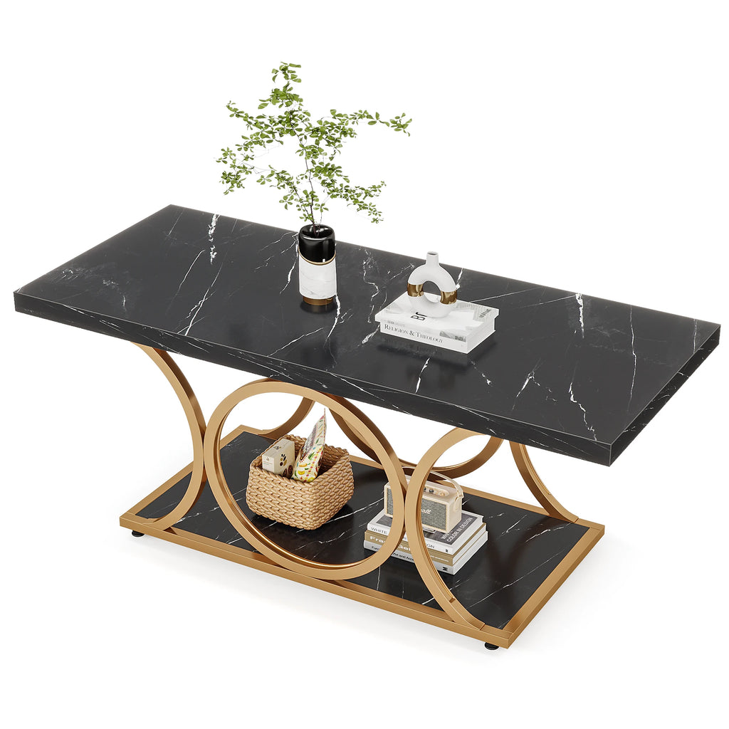Rectangle Coffee Table, 2-Tier Faux Marble Wood