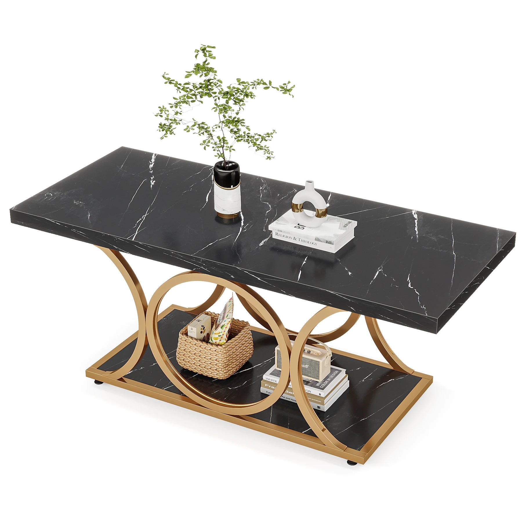Rectangle Coffee Table, 2-Tier Faux Marble Wood