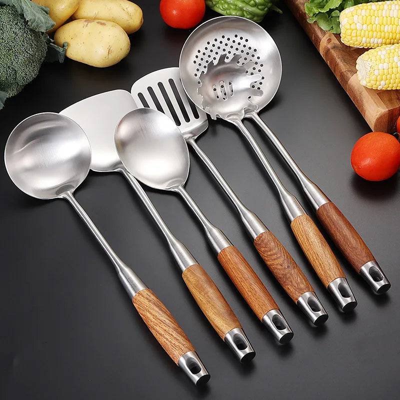 Kitchen Utensil Set 7 Piece 304 Stainless Steel Cookware Set, Rosewood Handle Spatula- Household Cooking/ Baking Tools