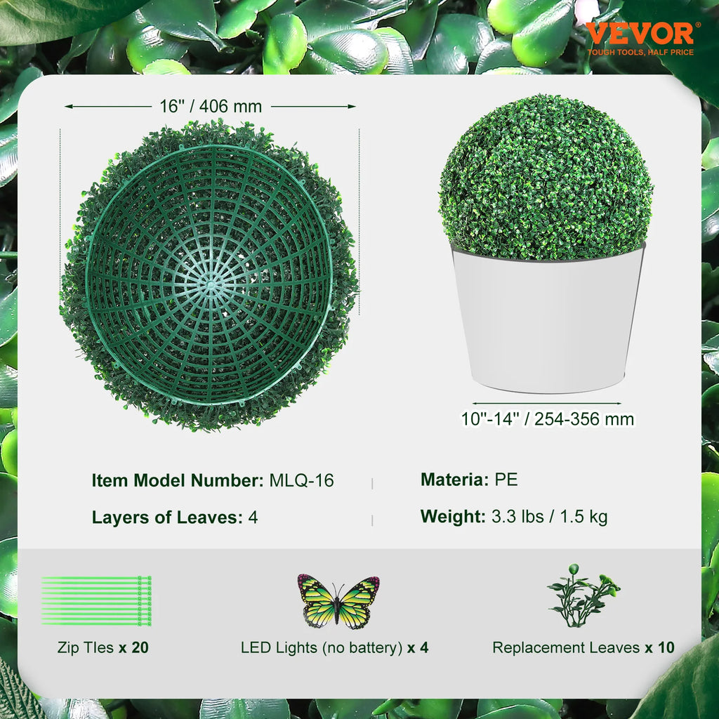 VEVOR Artificial Topiaries Boxwood Trees 16" Tall Ball-Shape Topiaries Plant All-Year Green Faux Plant Decorative for Garden