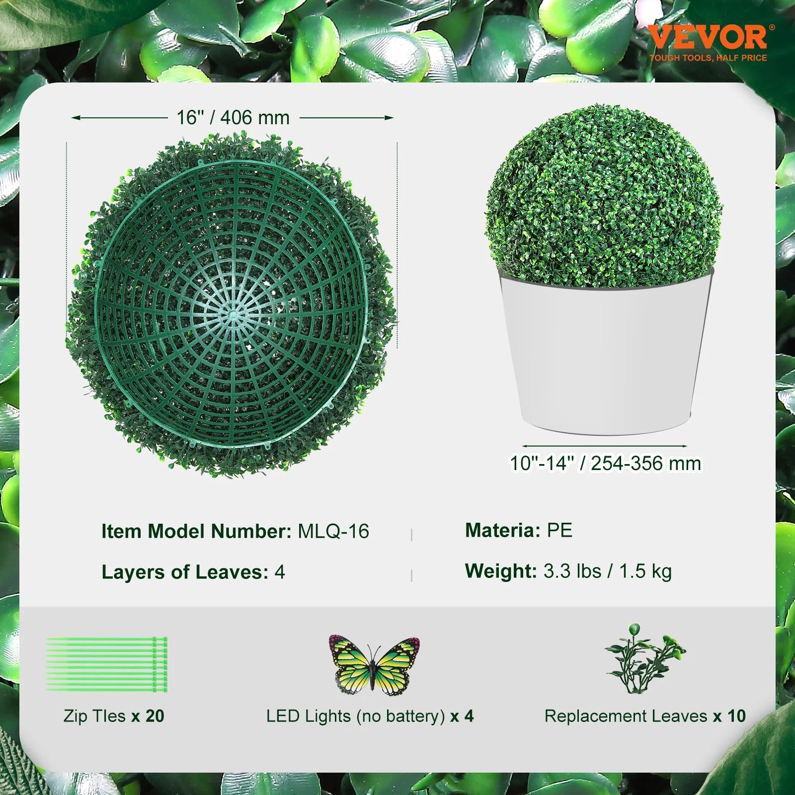 VEVOR Artificial Topiaries Boxwood Trees 16" Tall Ball-Shape Topiaries Plant All-Year Green Faux Plant Decorative for Garden