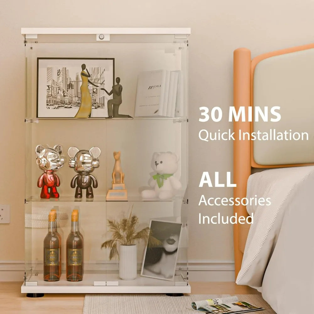 Glass Display Cabinet with Double Doors and Lock, Easy Assembly 3-Tier Curio Cabinet with 5mm Tempered Glass Floor