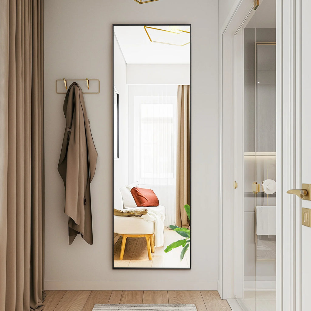 64"x21" Full Body Wall Mirror Standing, Hanging, or Leaning Wall-Mounted Mirrors with Stand Aluminum Alloy Frame/ Living Room