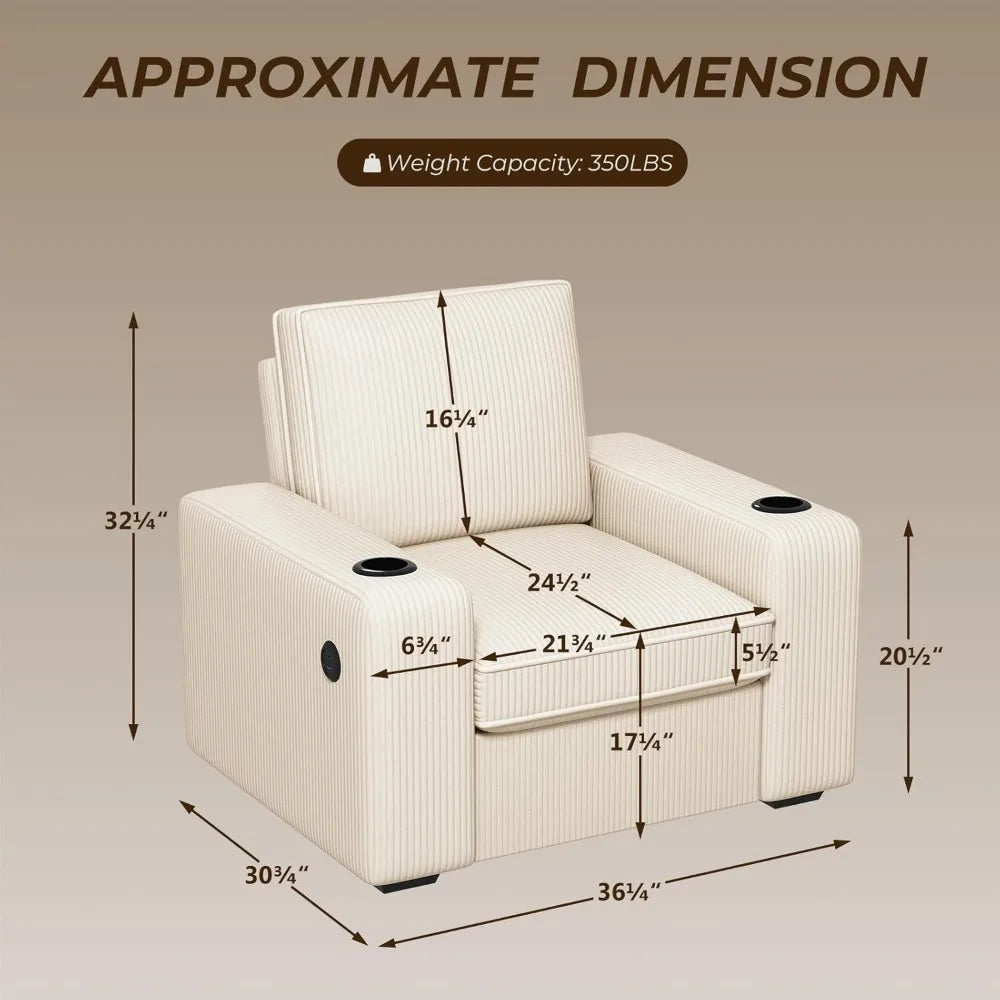 36" Wide Plush Accent Chair, with USB Charger & Cup Holder, Oversized Comfy Chair /Tufted Corduroy Fabric
