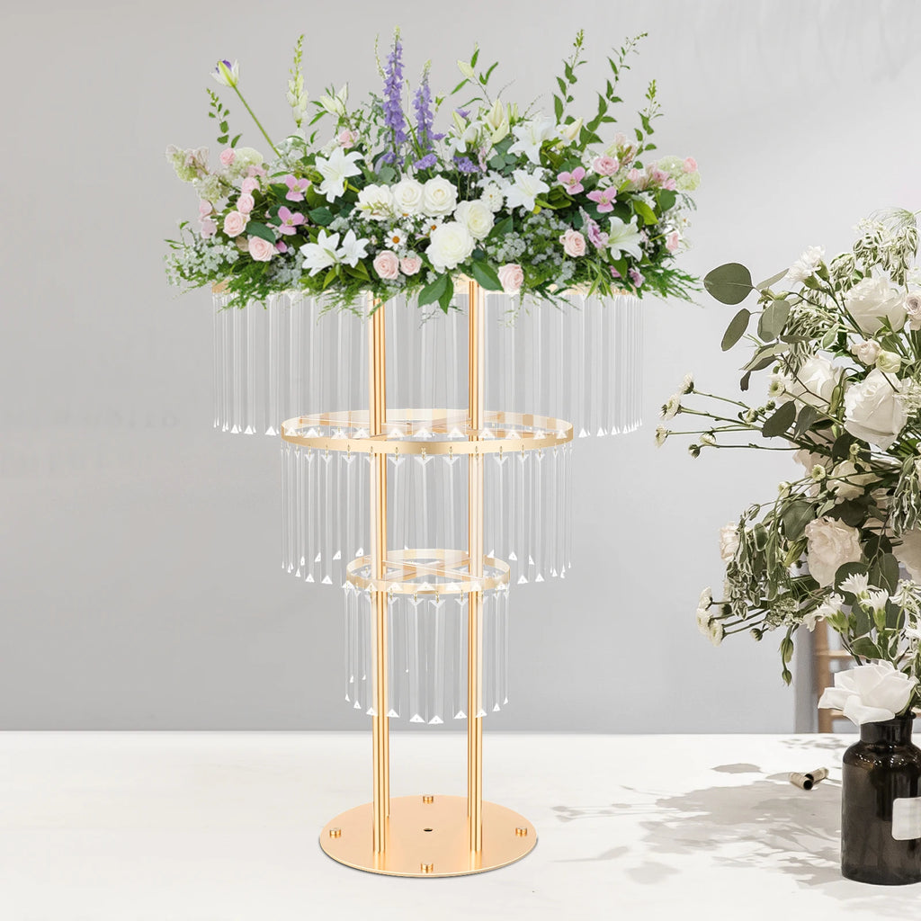 3 Tiers Crystal Wedding Flower Stand 50*90cm,Centerpieces Vases with Clear Crystal Pendants,for Wedding Events/Birthday Party/ Home Decor