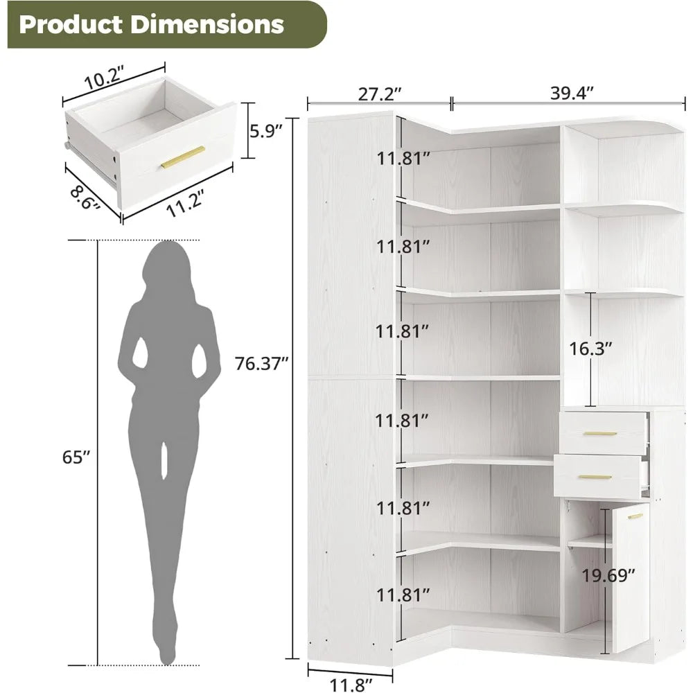 L-Shaped 76-Inch Tall Corner Bookshelf with 6 Tiers, 10 Open Shelves, and 2 Storage Drawers