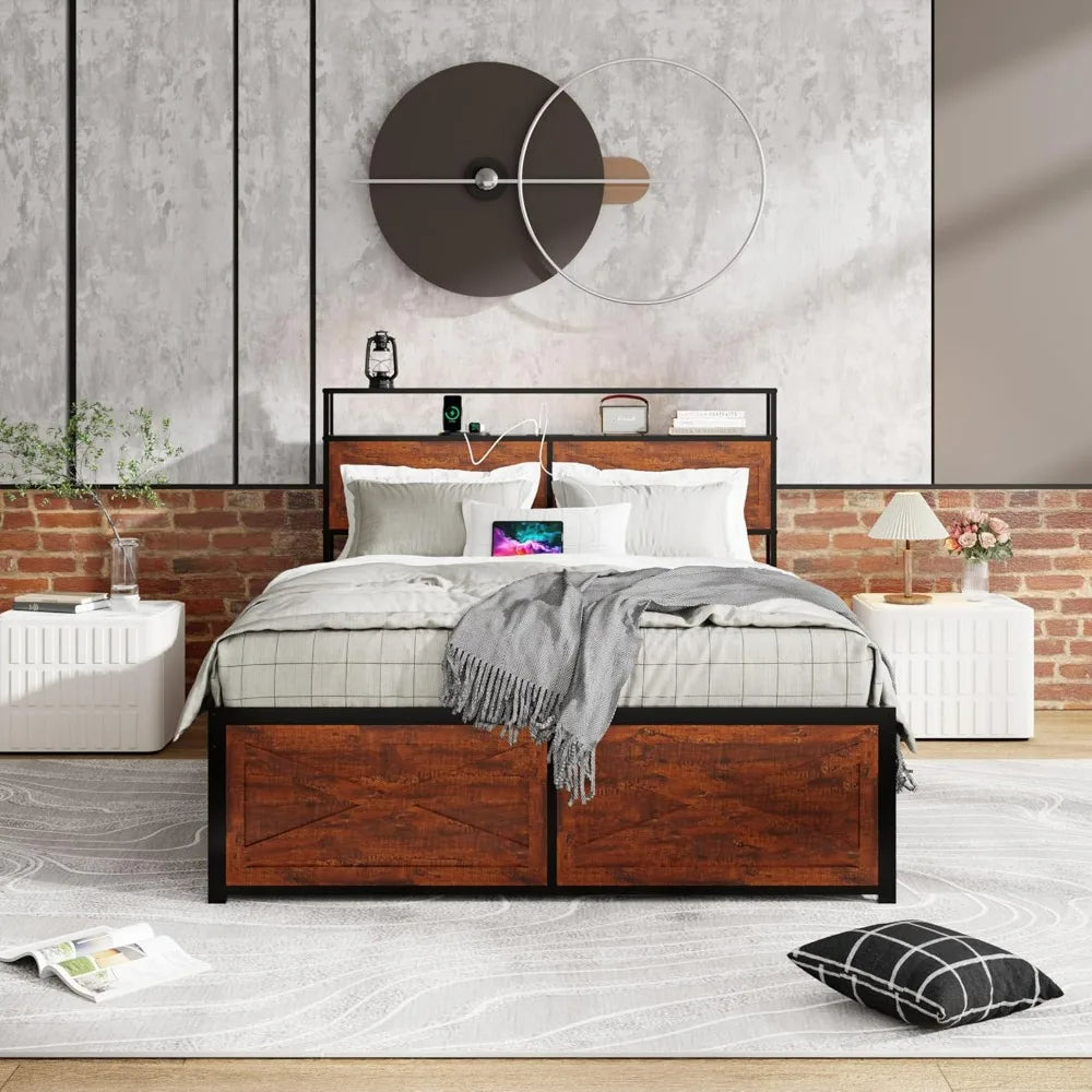 Queen Size Bed Frame with Storage, 12 Drawers, LED Lighting, Metal Slat Support Mattress Foundation