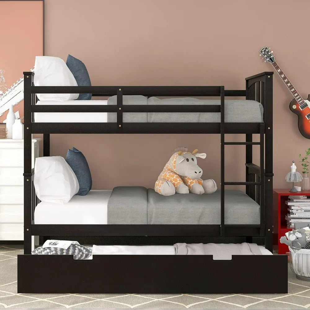 Twin Over Twin Bunk Bed with Trundle, Transformable into Individual Beds, Crafted from Solid Pine Wood with Safety Railing