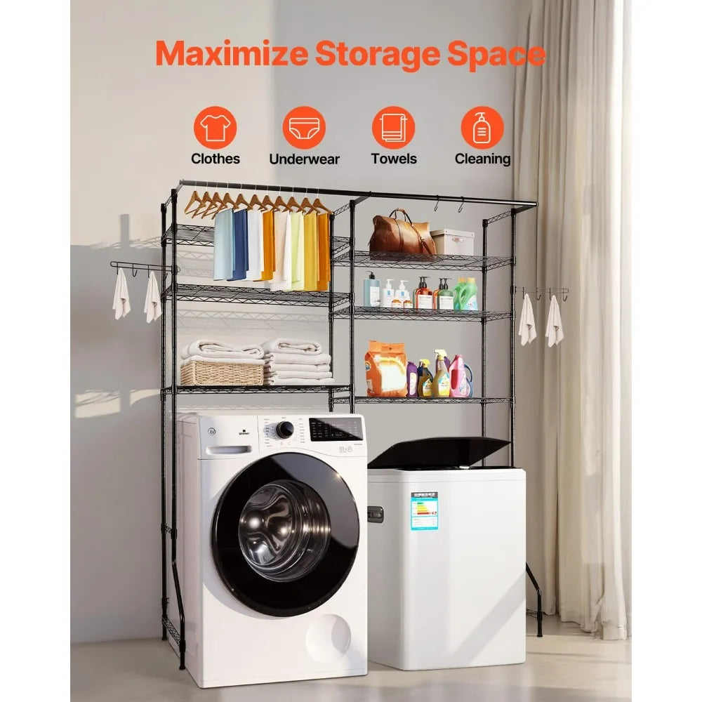 6-Tier Laundry Room Drying Rack with Hanger Bar and Hooks, Adjustable Over Washer and Dryer Storage Shelf
