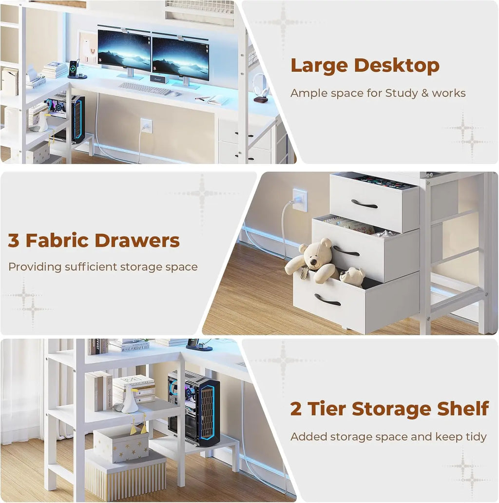 Loft Bed Twin Size with L-Shaped Desk, 3 Storage Drawers, 2-Tier Storage Shelves, Power OUtlets, LED Metal Twin Size Bed Frame,