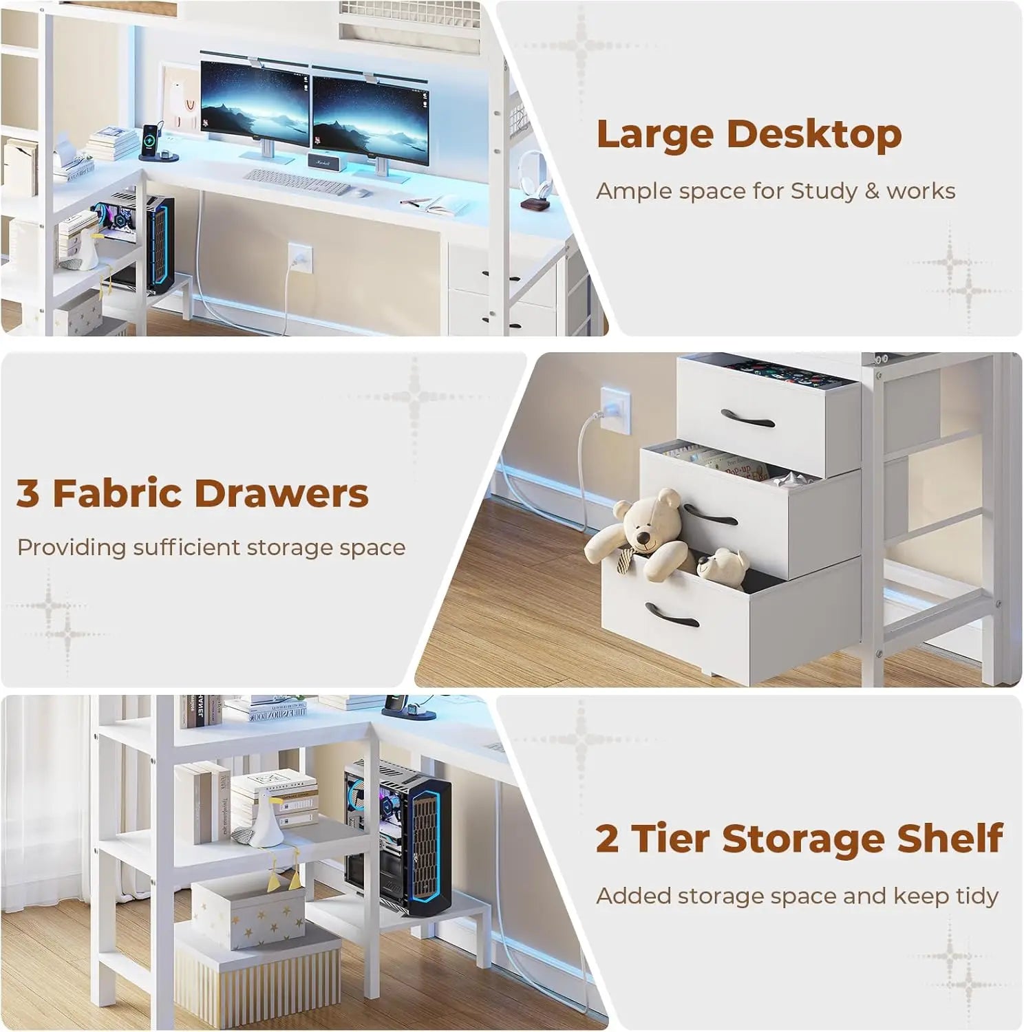 Loft Bed Twin Size with L-Shaped Desk, 3 Storage Drawers, 2-Tier Storage Shelves, Power OUtlets, LED Metal Twin Size Bed Frame,