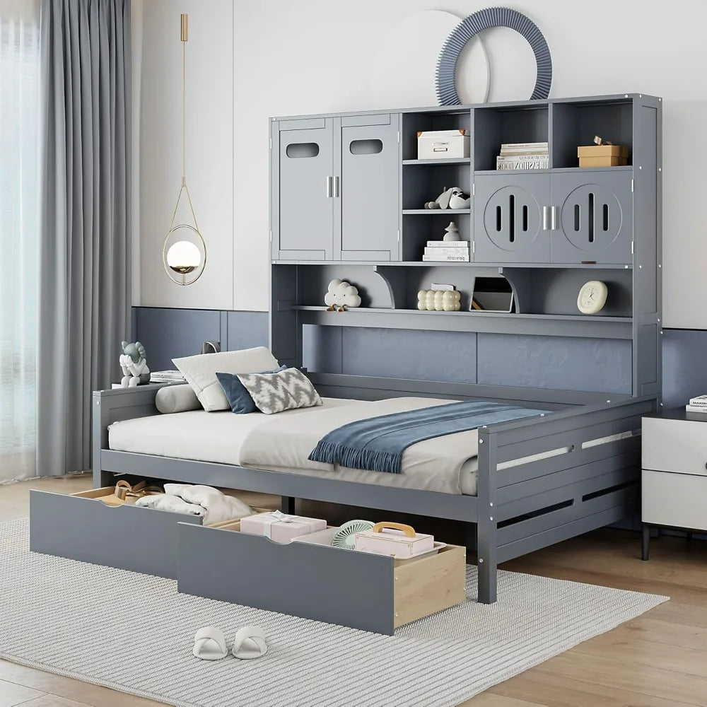 Gray Full Size Wooden Daybed with Storage Drawers, Bookcase Headboard, and All-in-One Cabinet & Shelf