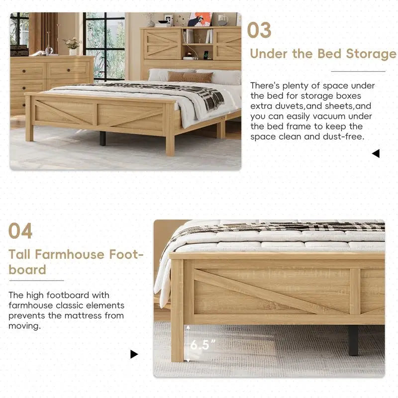 3-Piece Full Size Bedroom Set with Farmhouse Platform Bed, Double Sliding Door Storage Headboard with Charging Station,