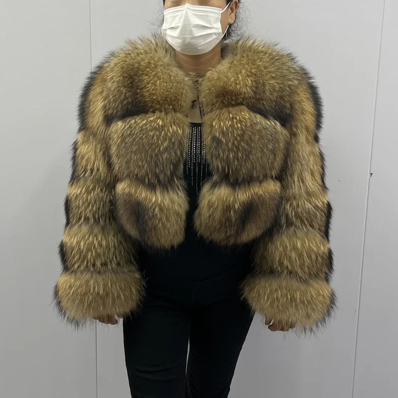 BEIZIRU Women's Short Real Raccoon Fur Coat/ Winter/ Long Sleeve Hooded/ Natural Luxury Thick Jacket for Fashionable Cold Weather
