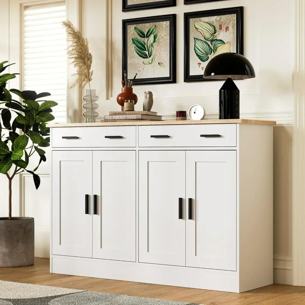 White Buffet Cabinet, Coffee Bar Cabinet with 2 Drawers & 4 Doors, Kitchen/ Buffet Sideboard for Living Room, Kitchen