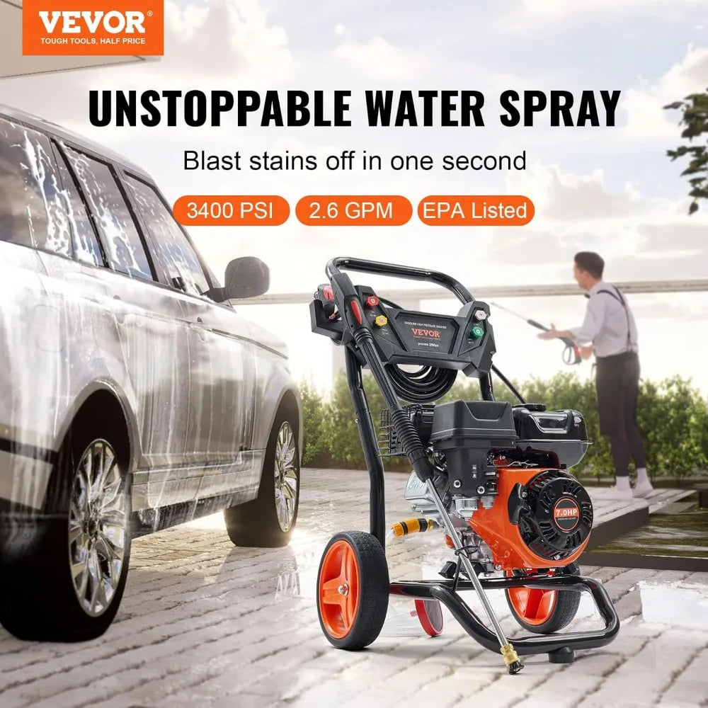 Gas-Powered Pressure Washer: 3400 PSI, 2.6 GPM, Spray Gun, Extension Wand, 5 Nozzles, Copper Pump