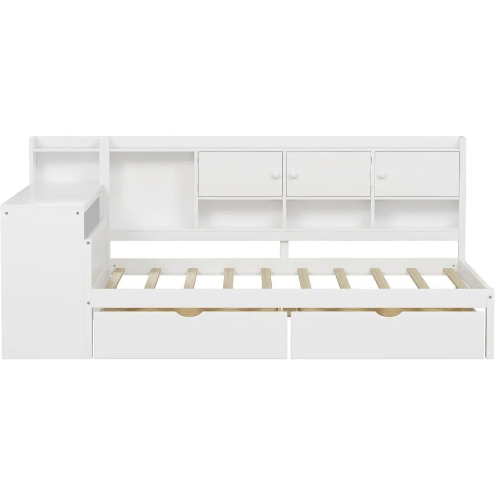 L-Shaped Wooden Daybed with Storage, Desk, and Bookshelf for Full-Size Beds