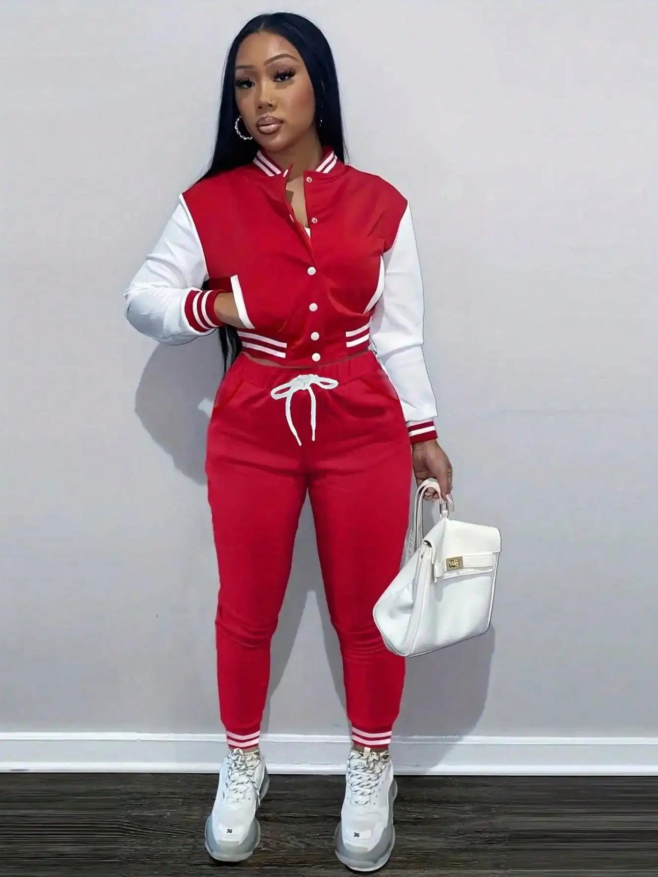 BWQ 2 Pieces Set Women Sports Jacket - Solid Color Single Breasted Baseball Jacket And Top