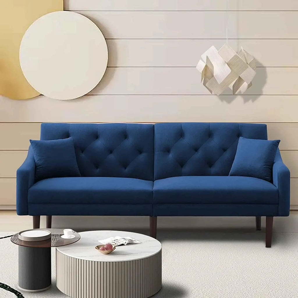 Convertible Futon Sofa Bed & Upholstered Velvet  Folding Sleeper Couch with 2 Pillows & Adjustable Backrest, Living Room Sofa