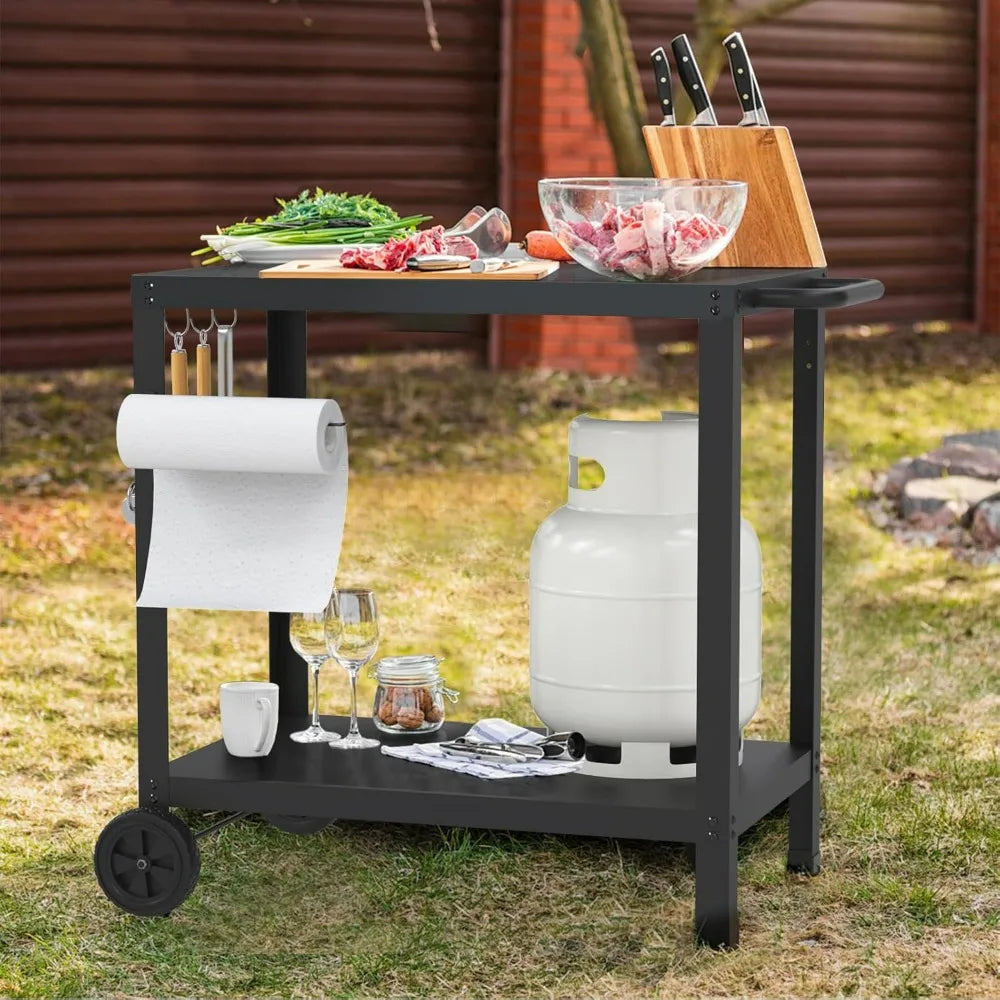 32x20 Inches Dual-Shelf Outdoor Grill Cart with Movable Pizza Oven for Patio Use