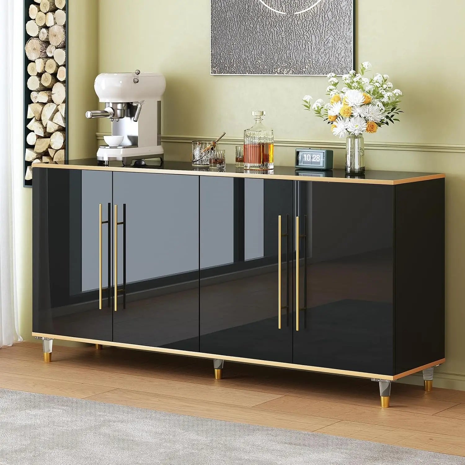 63" Sideboard Buffet Cabinet with Storage, Console Cabinets with Adjustable Shelves & Doors, High Glossy Black
