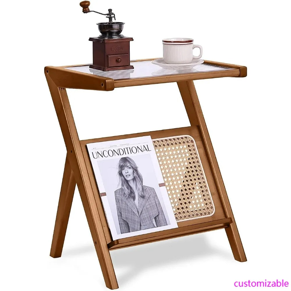 Mid-Century Bamboo Side Table, Rattan Nightstand Accent, Bohemian Wood End Table with Glass Top