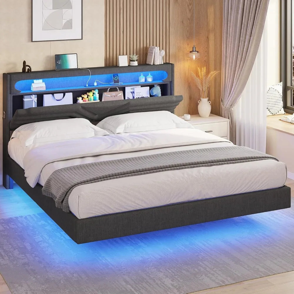 Queen Floating Bed Frame with Storage Headboard & LED Lights, Upholstered Platform Bed Frame with Type-C & USB Charging