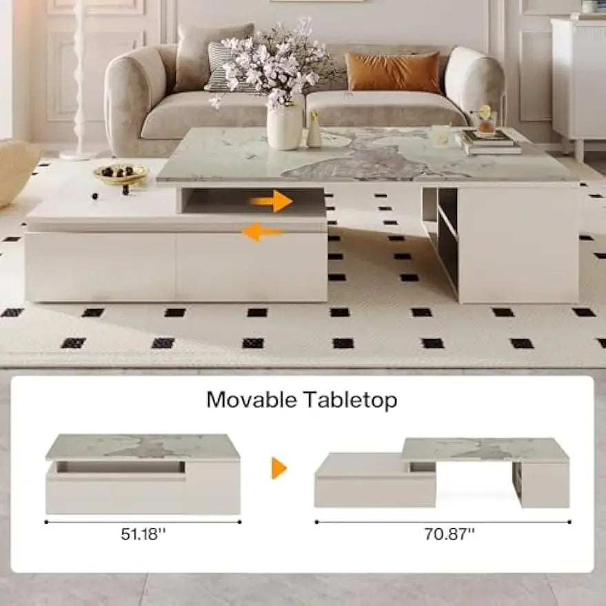 Extendable Tabletop Coffee Table with 4 Drawers & Storage Shelf, Modern from 51-Inch to 71-Inch Center Table for Living Room
