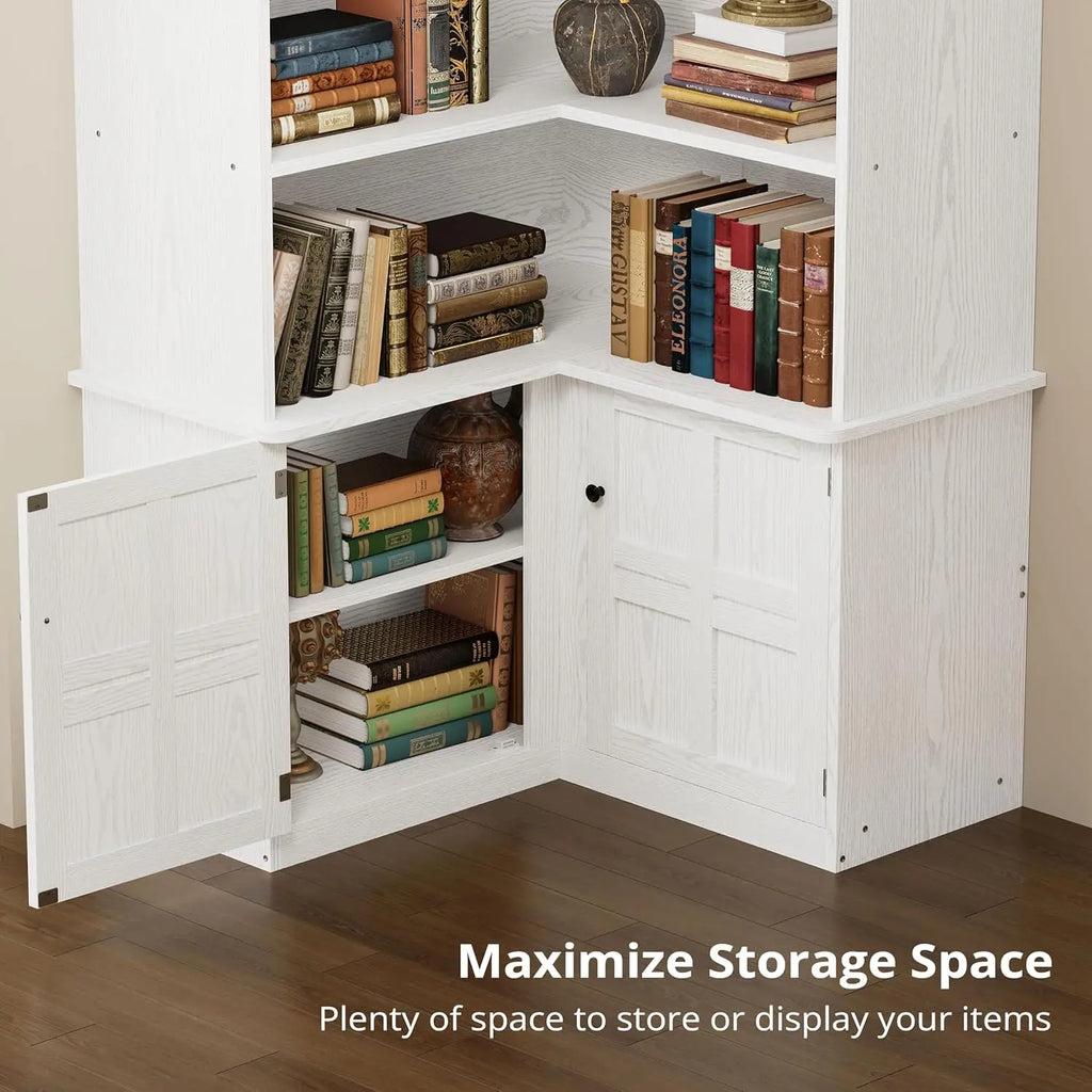 Corner Bookshelf with Doors, 6 Tier Bookcase with Storage, Corner Shelf with Cabinet, Large Tall Bookshelf