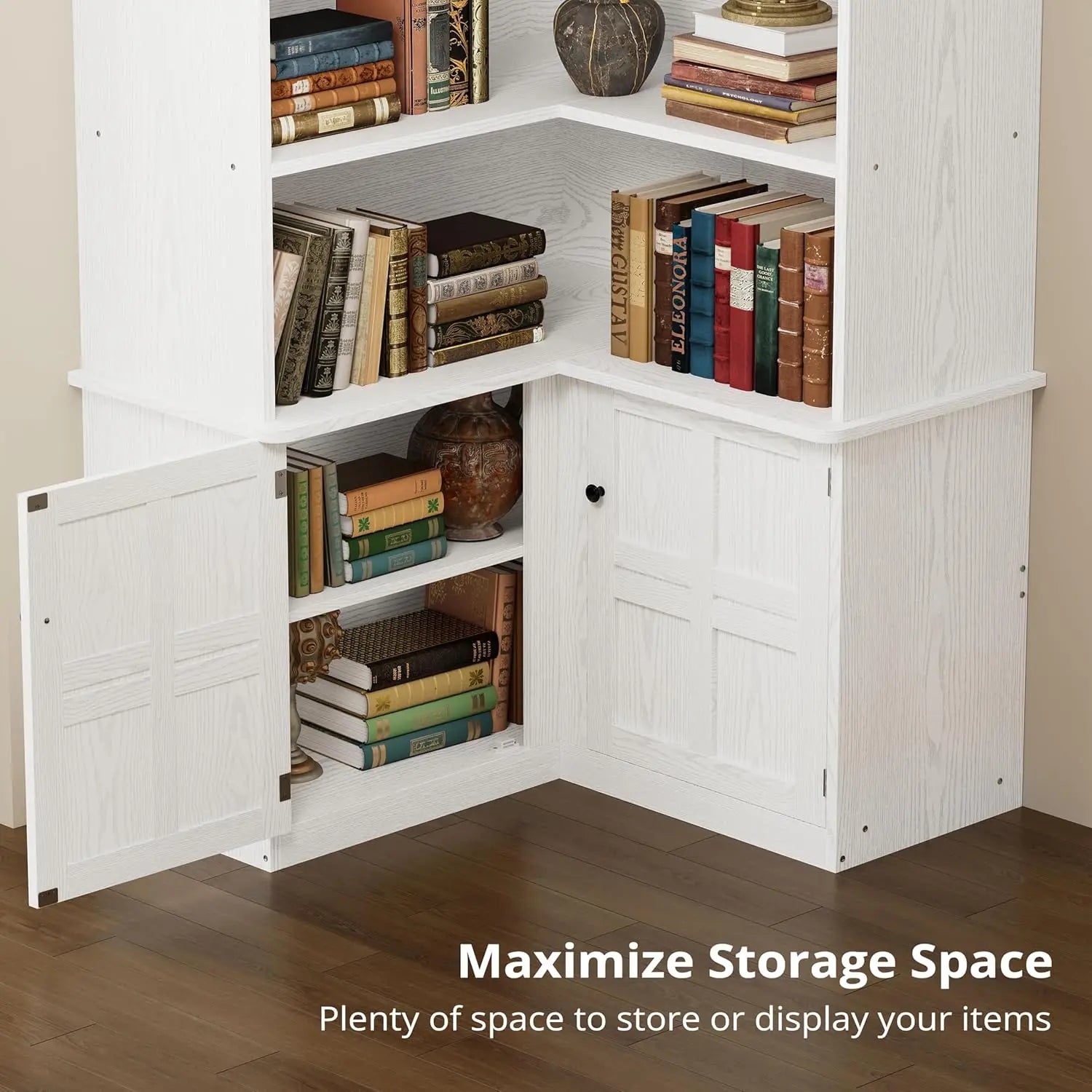 Corner Bookshelf with Doors, 6 Tier Bookcase with Storage, Corner Shelf with Cabinet, Large Tall Bookshelf