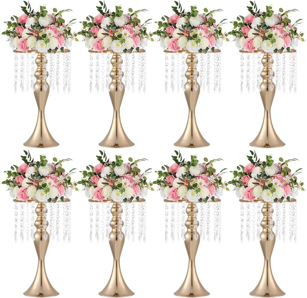 8 Pcs Gold Metal Flower Stands with Crystal Beads Wedding Centerpieces for Tables Party/ Centerpiece Vases /Celebration Home Decor