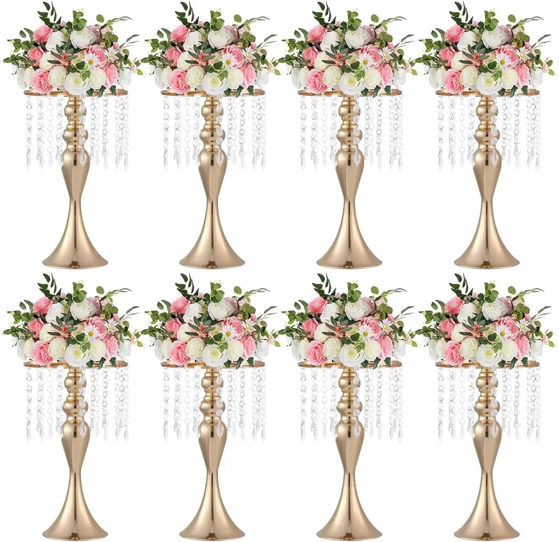 8 Pcs Gold Metal Flower Stands with Crystal Beads Wedding Centerpieces for Tables Party/ Centerpiece Vases /Celebration Home Decor