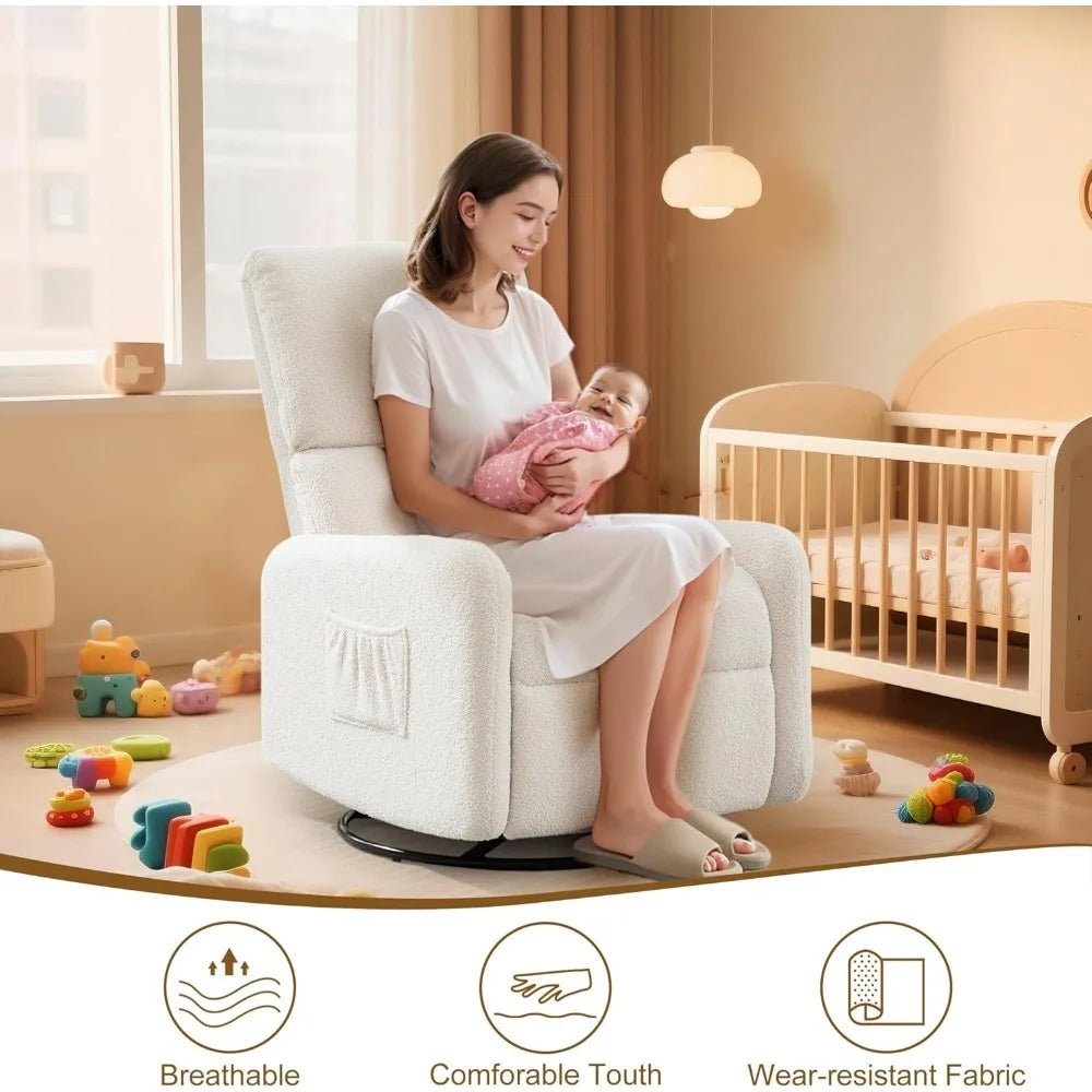 360° Swivel Glider Chair, Rocking Chair Nursery with Side Pockets, Deep Cushioned Seat, Nursery Chair with Steel Structure Base,