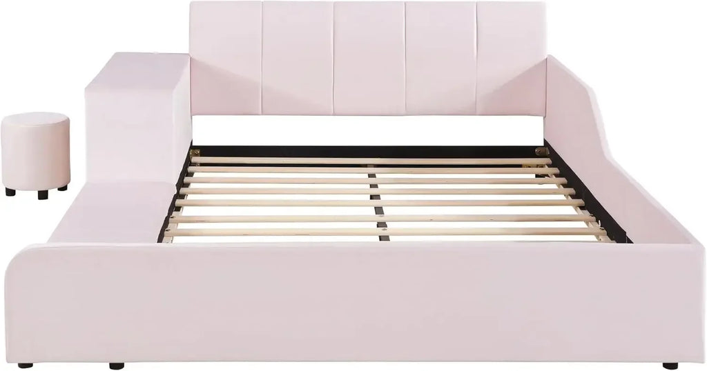 Velvet Upholstered Grounded Bed Platform Bed, Wooden Full Size with Bedside Desk and Little Round Stool