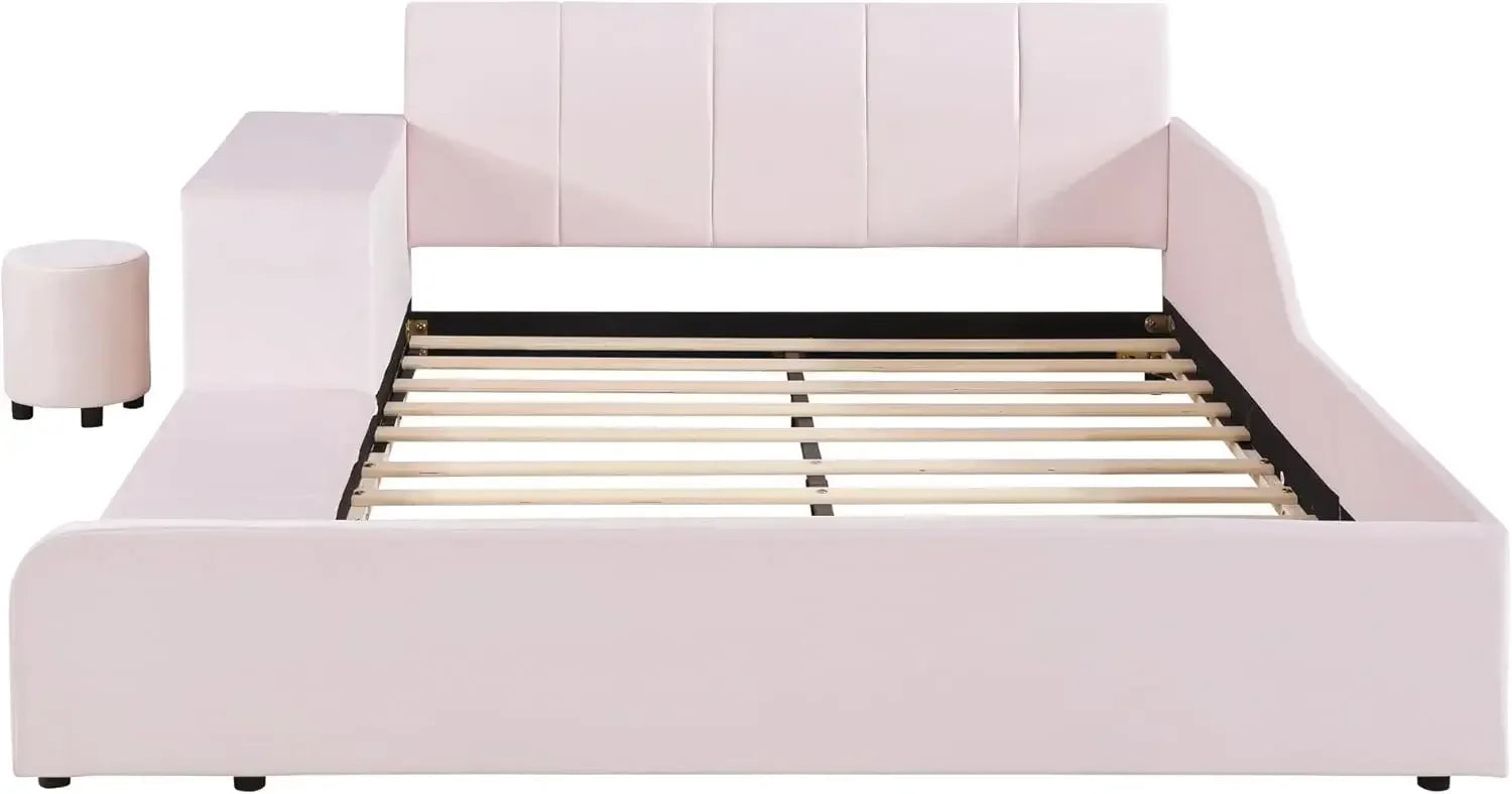 Velvet Upholstered Grounded Bed Platform Bed, Wooden Full Size with Bedside Desk and Little Round Stool