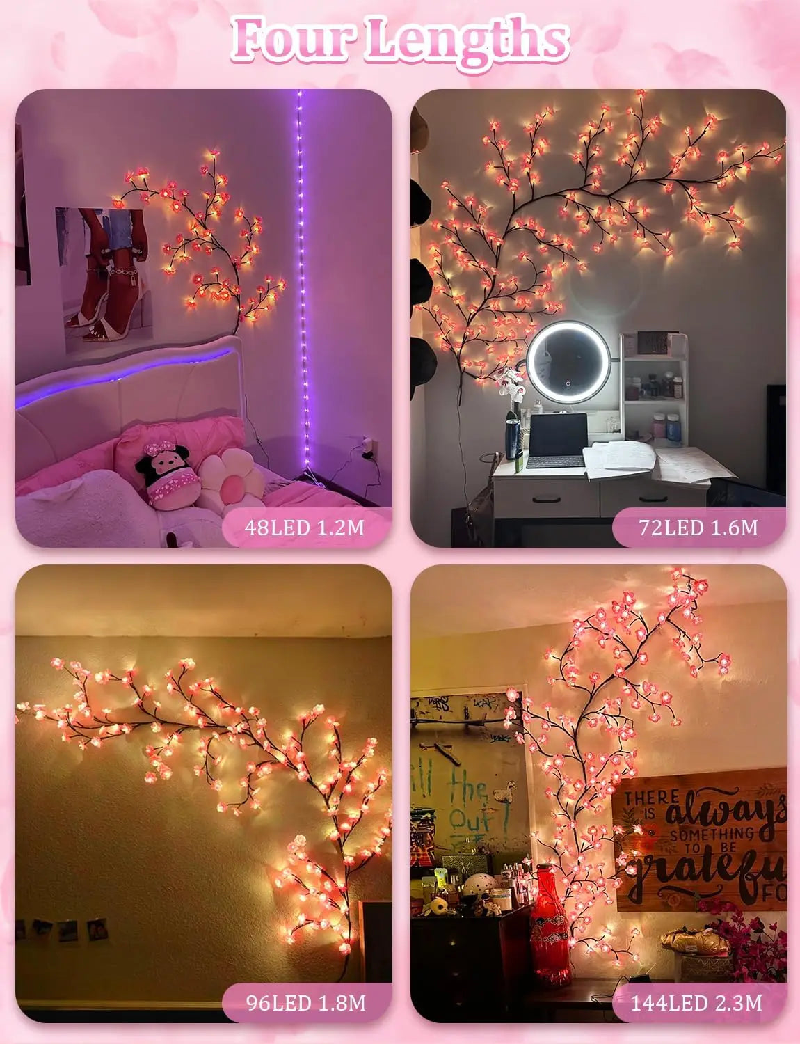 Cherry Blossom Lights for Bedroom Wall Decor, 4 FT 48 LED Dimmable Pink Decor with Remote Timer, 8 Modes, Romantic Gift for Her