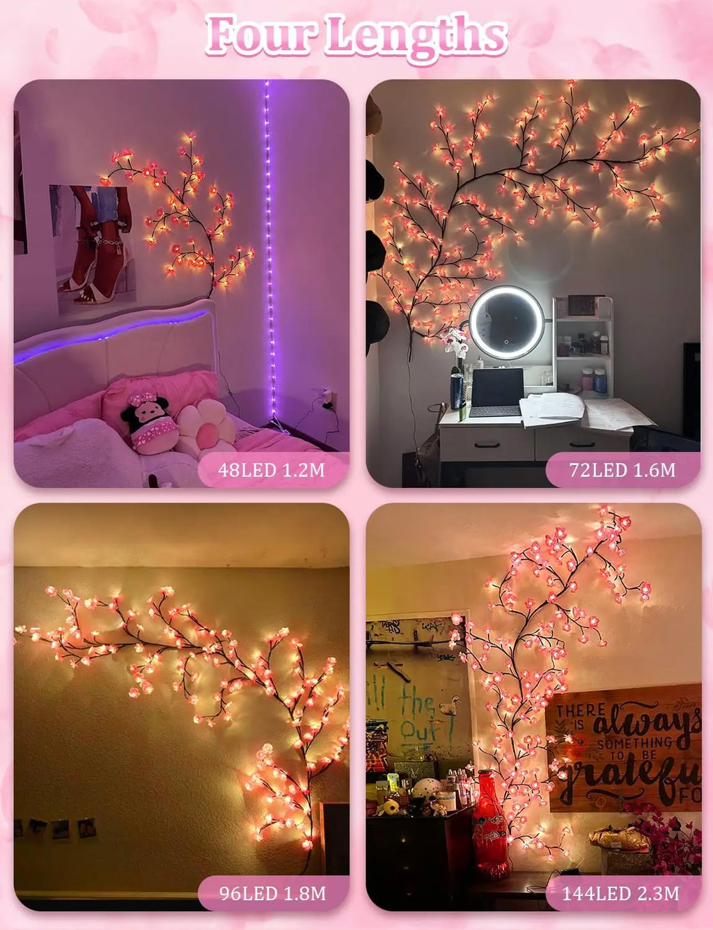 Cherry Blossom Lights for Bedroom Wall Decor, 4 FT 48 LED Dimmable Pink Decor with Remote Timer, 8 Modes, Romantic Gift for Her