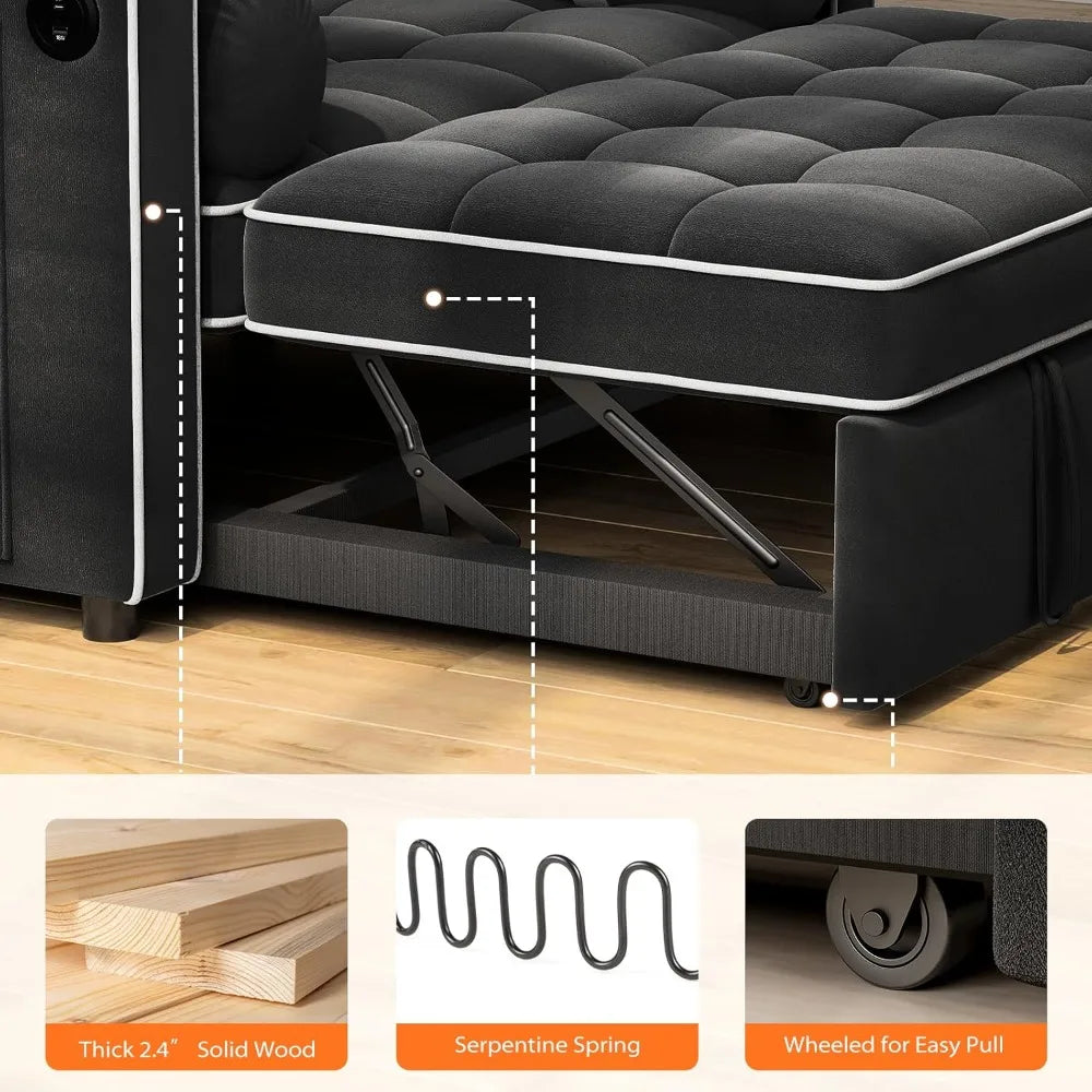 3 in 1 Convertible Sleeper Sofa Bed, Pull Out Couch for Living Room with USB Ports & Side Pockets, Adjustable Backrest ,Velvet