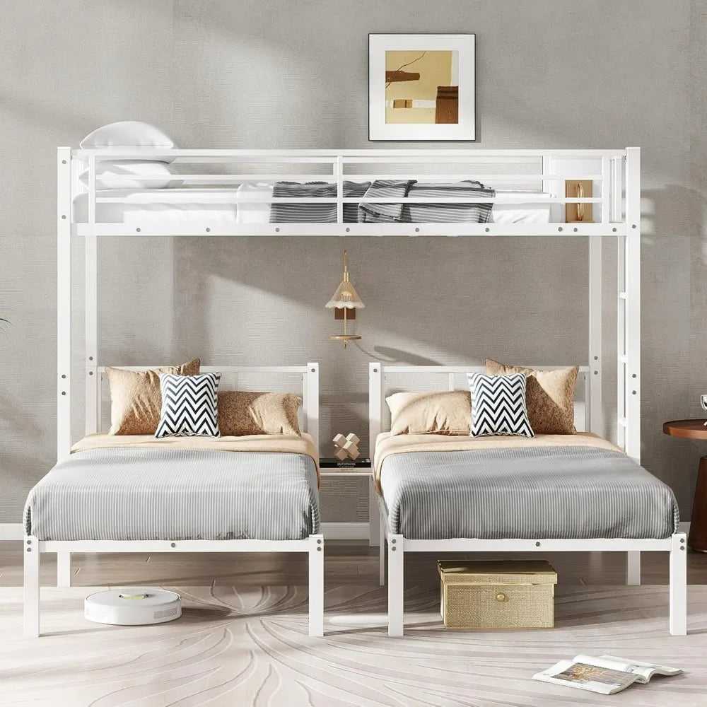Sturdy Triple Bunk Bed for Three Children with Twin Mattresses, Safety Rails, and Access Ladder