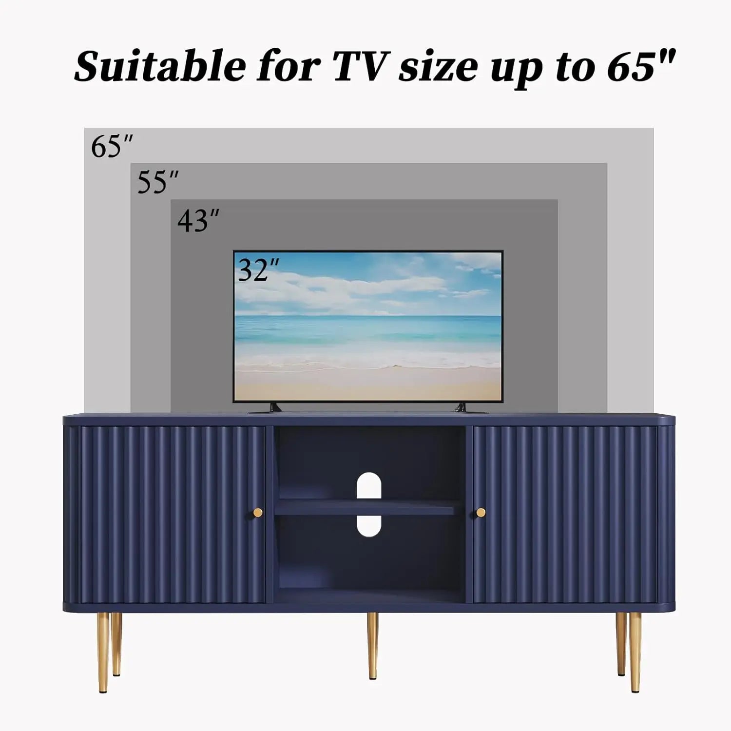 55” Fluted TV Stand, Mid Century Modern Blue TV Stand for 55/60/65 inch TV, Entertainment Center with Storage, Television