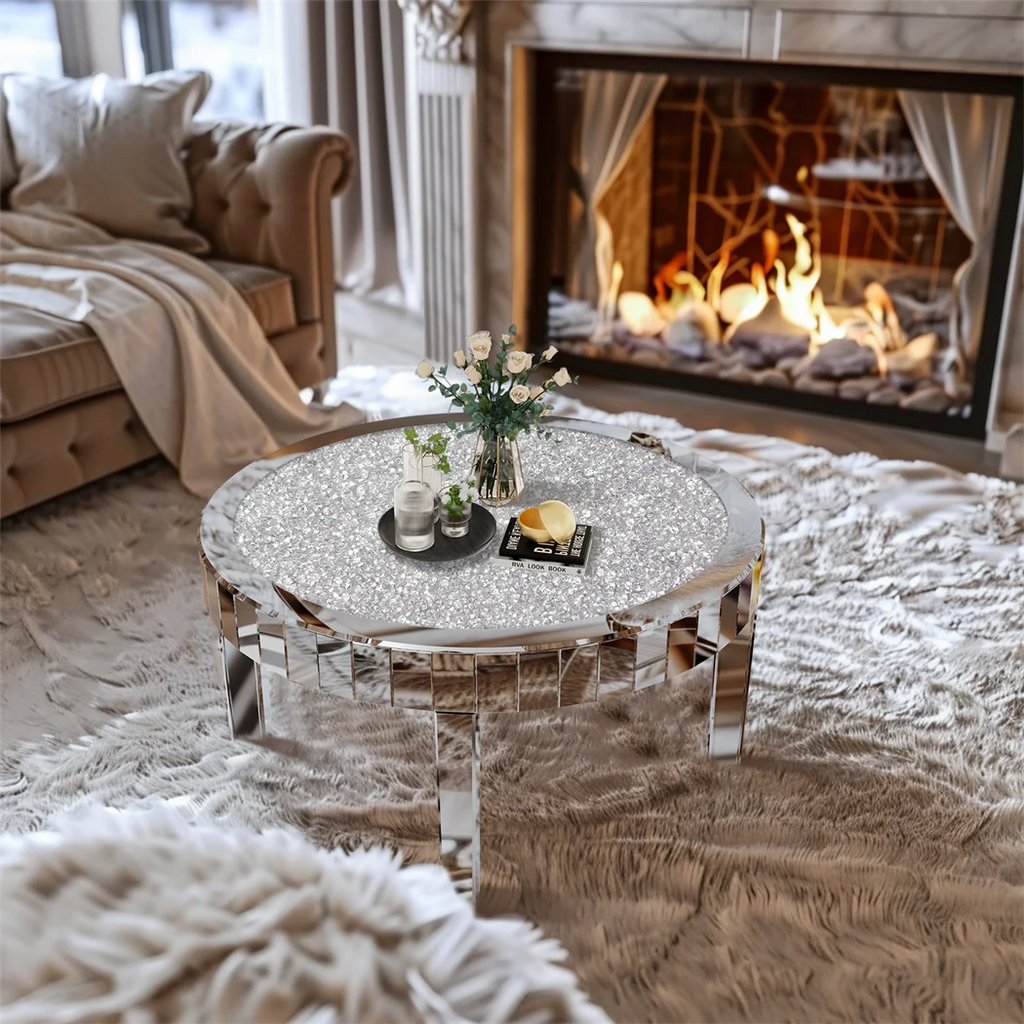 Luxury Round Mirrored Coffee Table Silver Coffee Table Accent Side Table  for Living Room,Bedroom