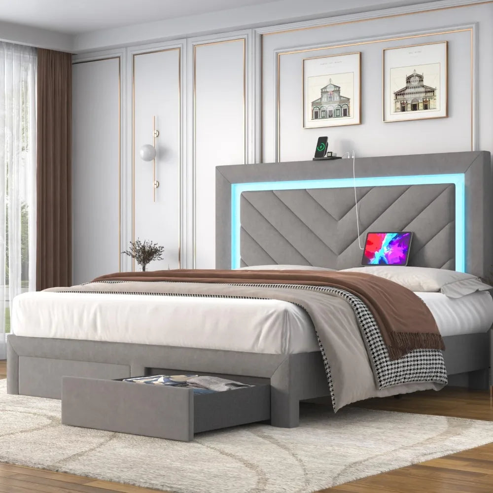 Upholstered Full Bed Frame with LED Headboard and Storage Drawer, with Charging Station,