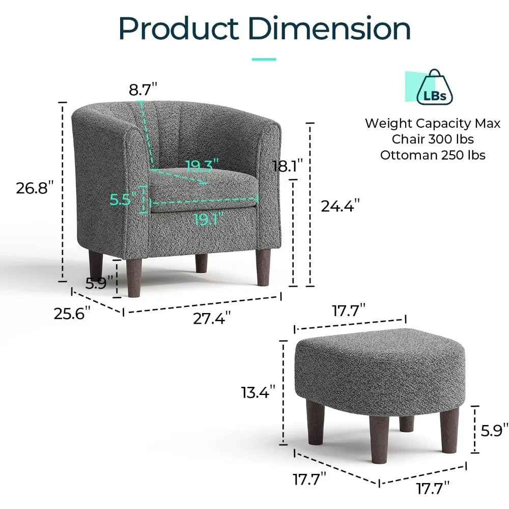 Accent Chair Ottoman Set: Chenille Barrel Chair with Foot Rest, Mid-Century Modern Small Reading Chair/ Upholstered Armchair