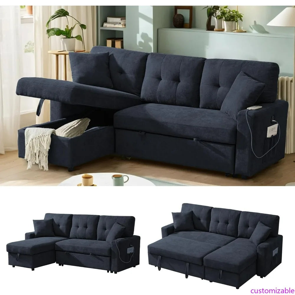 Modern L-Shaped Sofa Bed with Reversible Storage Chaise, Black Convertible Sectional Sofa featuring USB Ports and 3-in-1 Sleeper