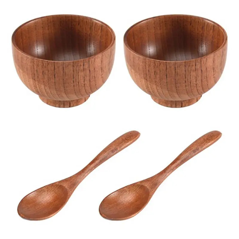 Kitchen Natural Wooden Soup Bowls,Round Fruit Salad Rice Bowls,With Spoon Set Food Containers Bowls,Large Tableware Noodle Bowls