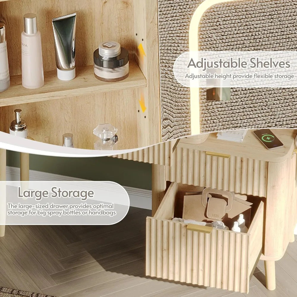 Elegant 48-inch Wooden Makeup Desk with Clear Glass Top, Illuminated Vanity Mirror, and Wall-Mounted Jewelry Holder