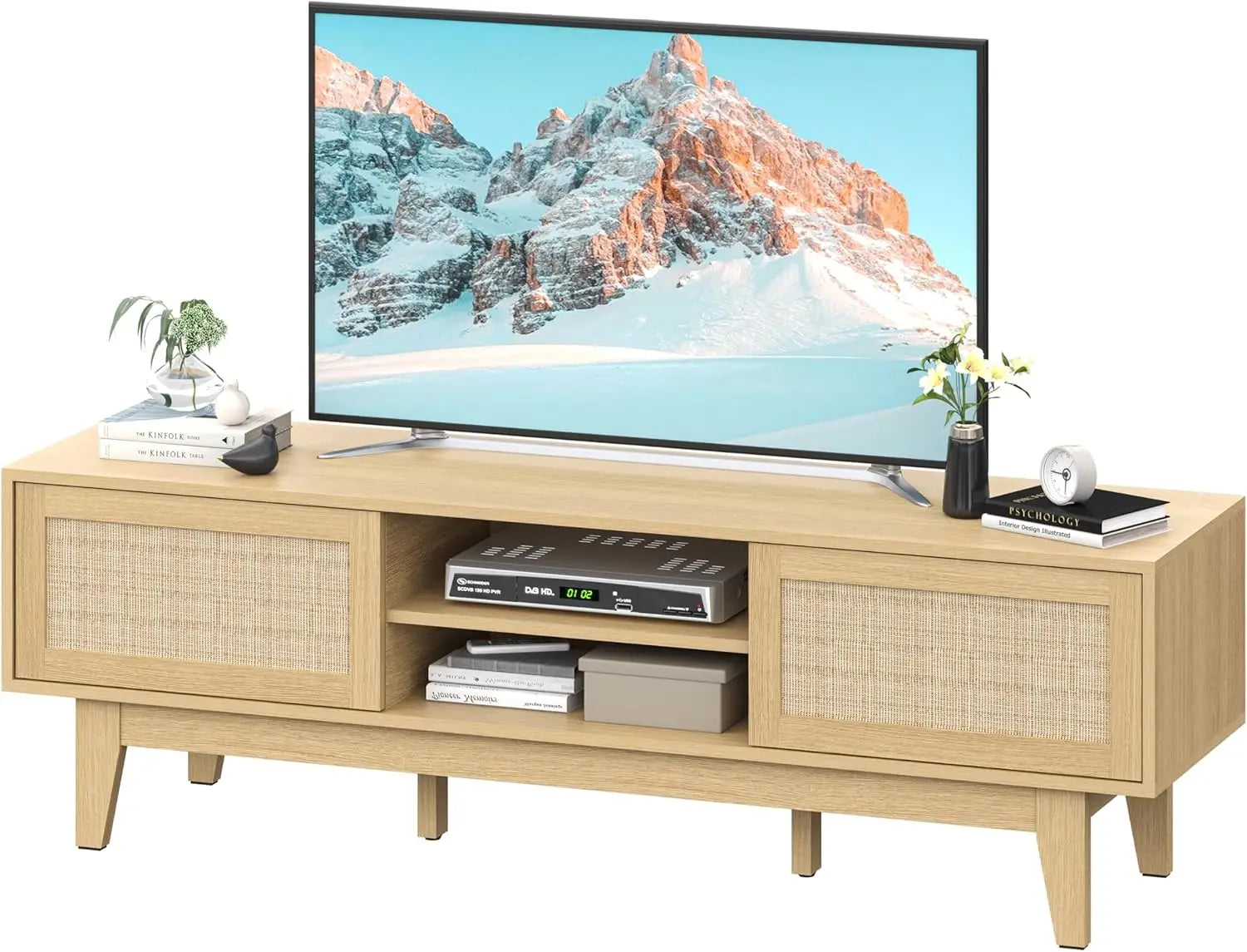Boho TV Stand for 55/ 65" Inch TV, Rattan Entertainment Center with Shelves, Cabinets and Sliding Doors, TV Media Console Table