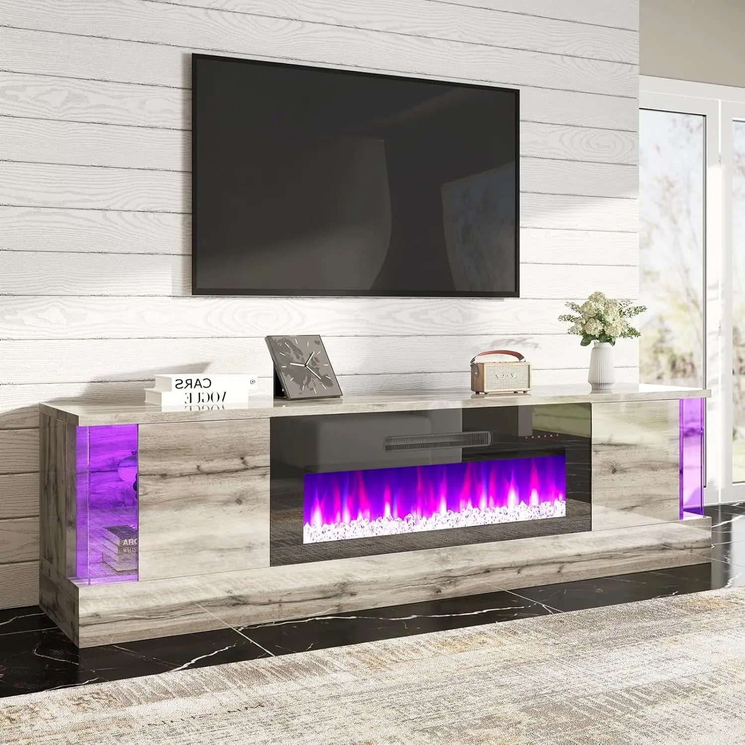 Glossy Oak Fireplace TV Stand with 36" Fireplace, 70" LED Lights Entertainment Center with Flip Doors & Corner Glass Decor